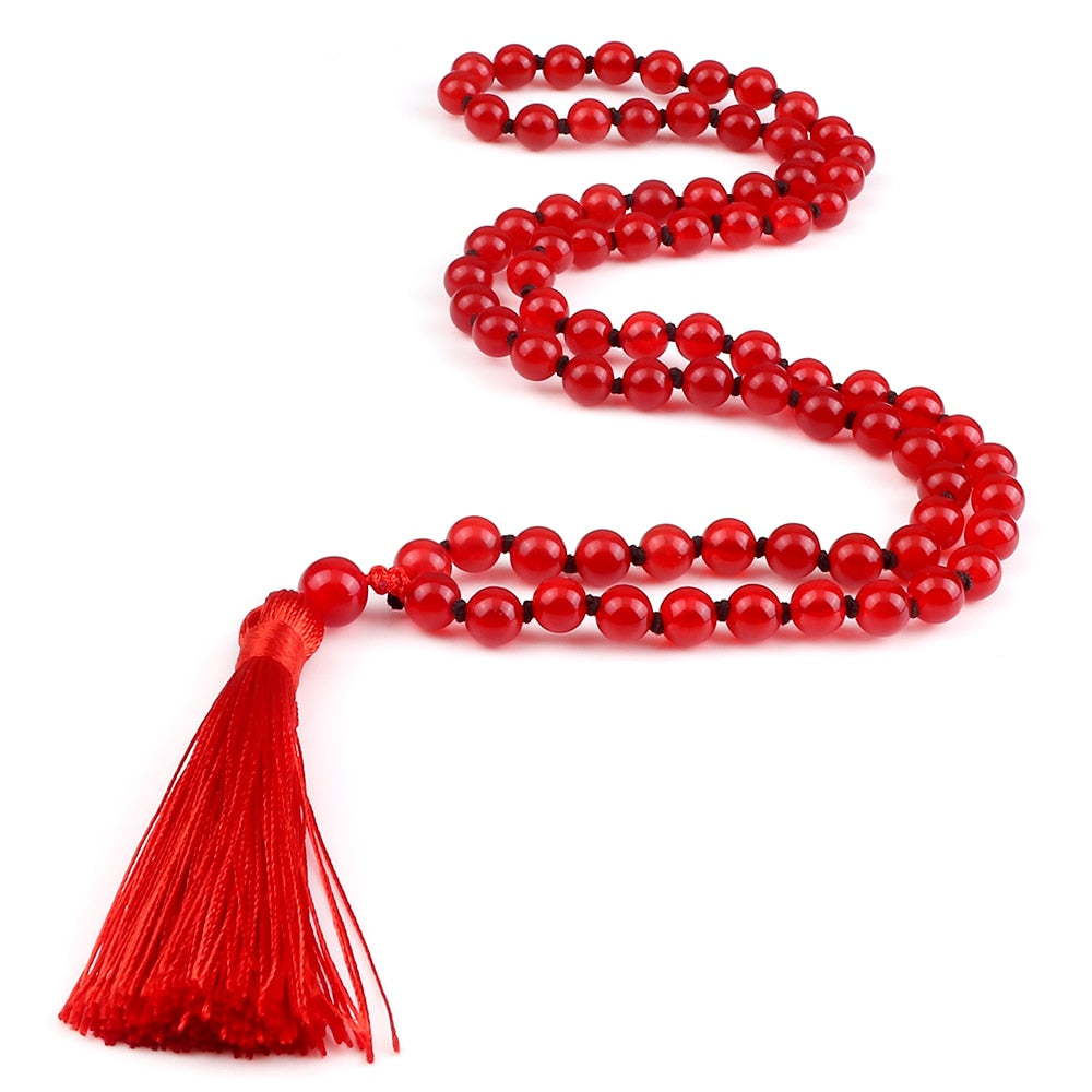 8mm Natural Red Stone Beaded Mala Necklaces Handmade Knotted Elastic Necklace Women Men