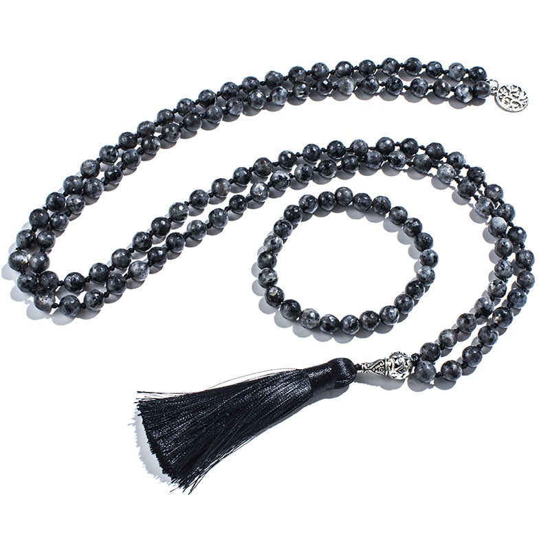 8mm Faceted Black Labradorite Beads Knotted Mala Necklace