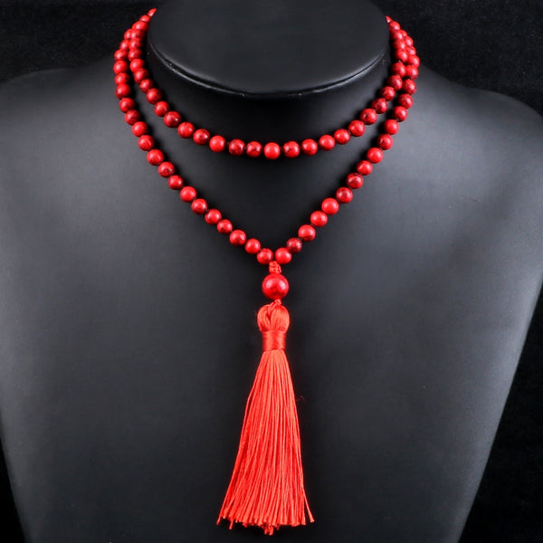 108 Mala Prayer Necklace 6mm Lucky Red Natural Stone Beaded Tassel Ethnic Necklace Women Men