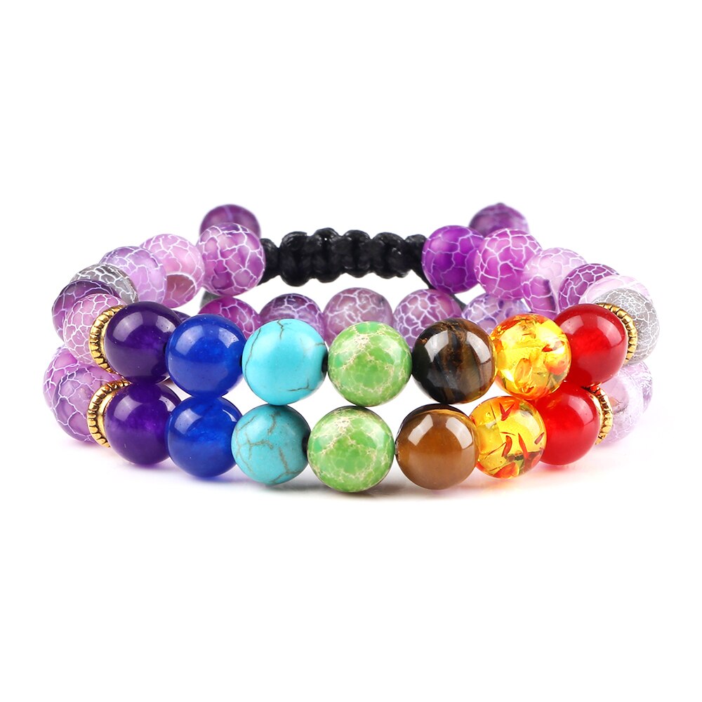 2Pcs Natural Stone 7 Chakra Healing Beaded Adjustable Braided Bracelets