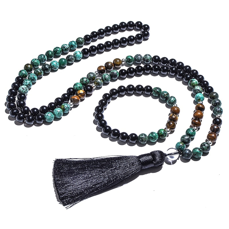 8mm African Turquoise Black Agate Yellow Tiger Eye Beads Japamala Necklace Bracelet Set