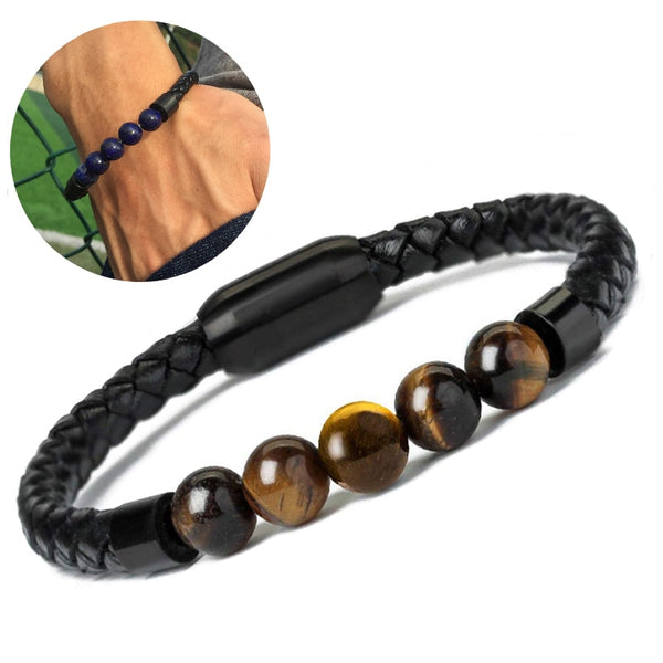 Fashion Charm Male Leather Bracelet Lava Chakra Stone Beads Black Stainless Bracelets