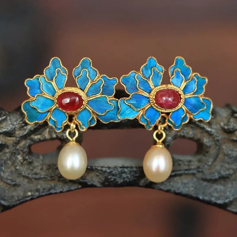 Original designer craft Cloisonne gilt silk Ruby Pearl Earrings