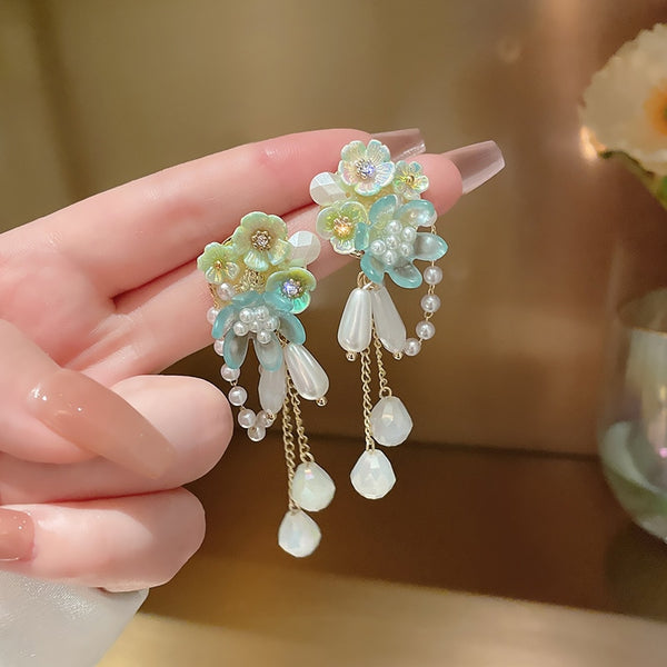 Elegant Oval Pearl Resin Flower Tassel Summer Earrings