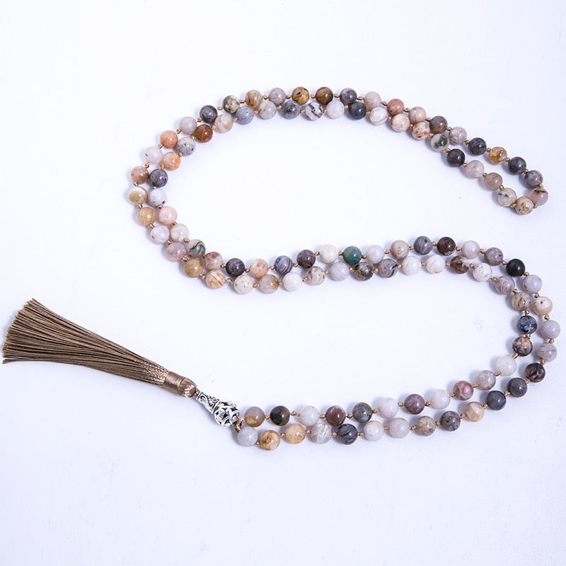 8mm Bamboo Leaf Agate Beaded Knotted Necklace Meditation Yoga Blessing Jewelry