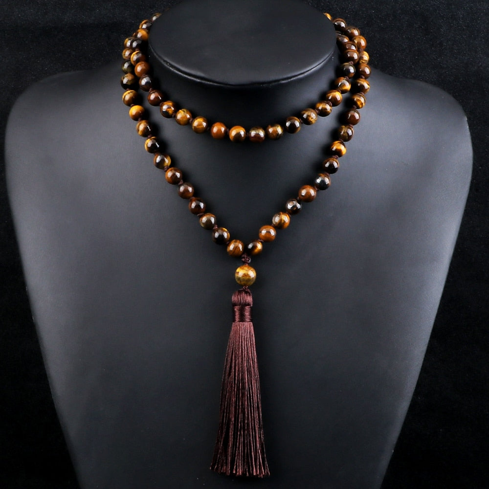 Trendy Men Beads Necklaces 8mm Natural Tiger Eye Stone Knotted Tibetan Buddhist Mala Necklaces