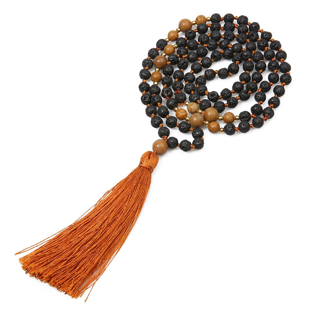 108 Mala Beads 6mm Volcanic Stone Knotted Meditation Semi-Precious Jewelry Men and Women