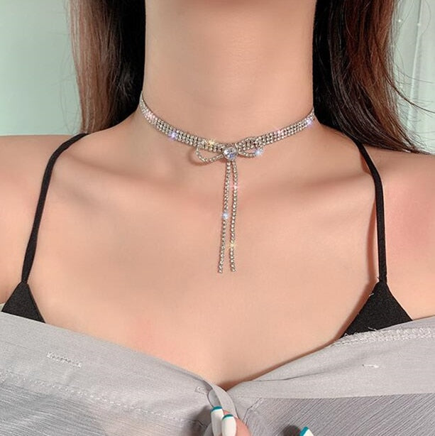 Bowknot Crystal Choker Necklaces for Women  Long Tassel Rhinestone Necklaces