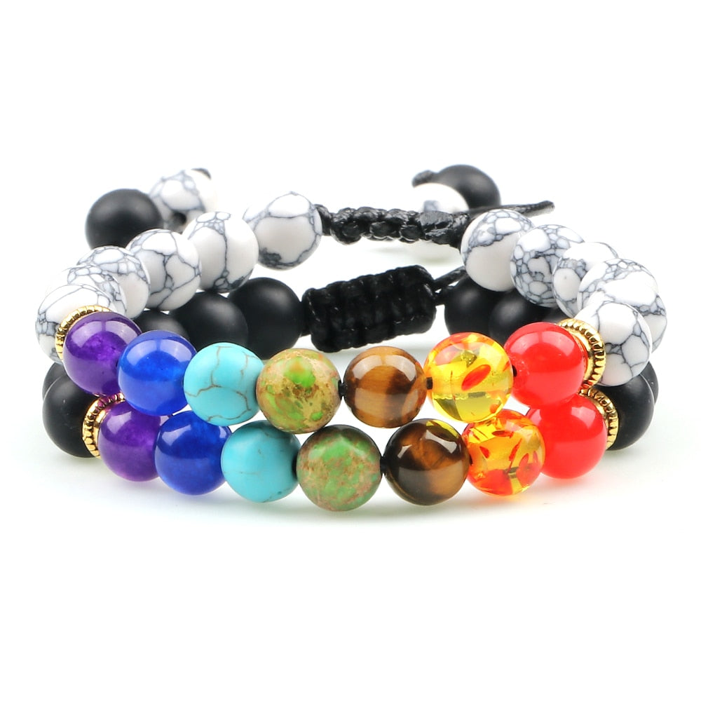 2pcs/set 7 Chakra Black Lava Beads Bracelets Natural Stone Yoga Adjustable Braided Bangle