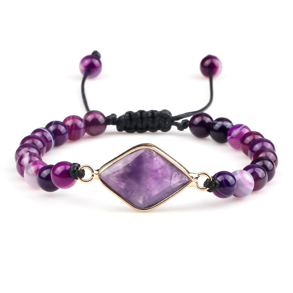 Natural Purple Stripe Onyx Stone Adjustable Beads Bracelets Braided String Bangle