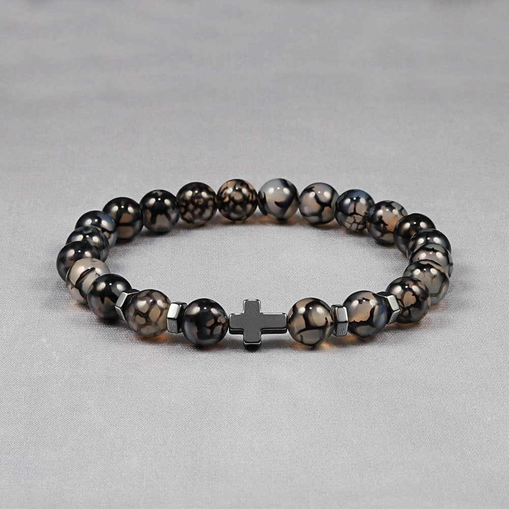 Hot Men Energy Bracelets Natural Tiger Eye Stone Black Lava Cross Beads Bracelet