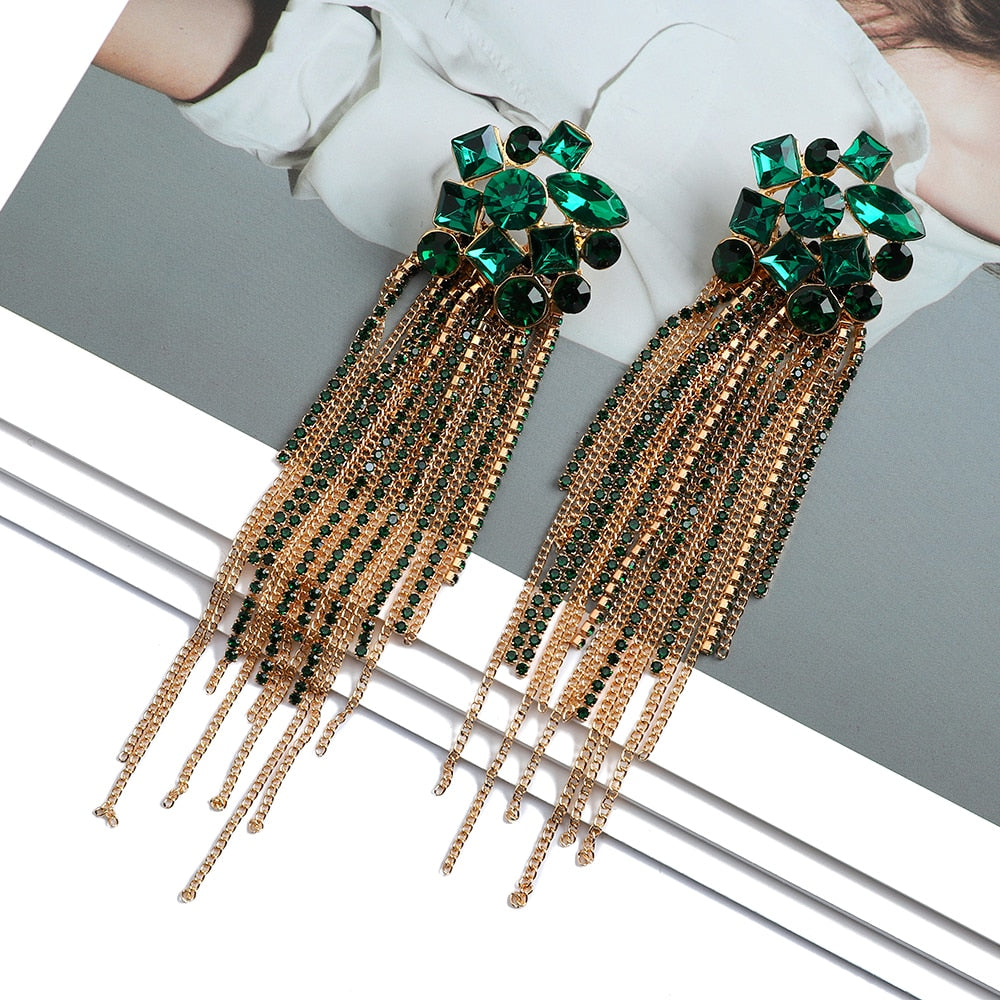 Fashion Metal Chain Inlay Colorful Rhinestone Tassel Dangle Earrings For Women