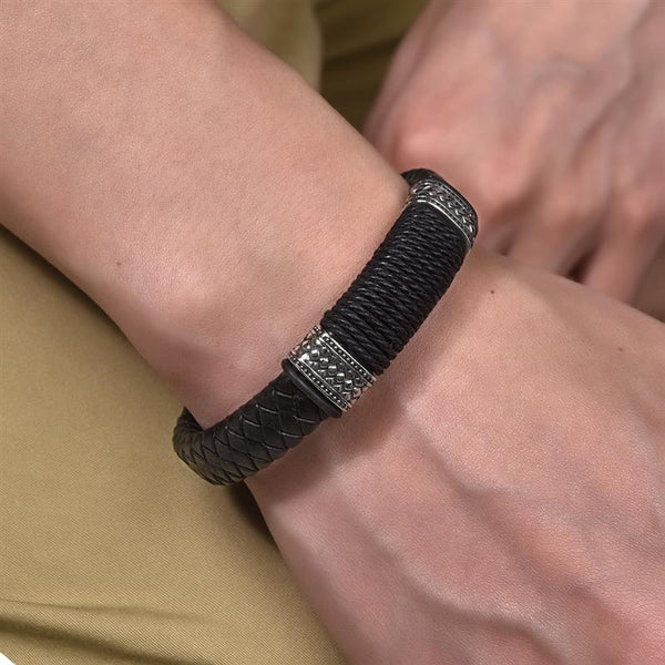 Genuine Leather Bracelet Men Stainless Steel Magnetic Clasp Handmade Man Charm Bangles