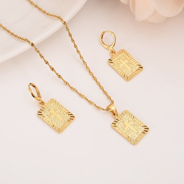 24k  gold Christian cross Pendant Necklace chain Earrings sets Jewelry Gold Christian jewelry sets