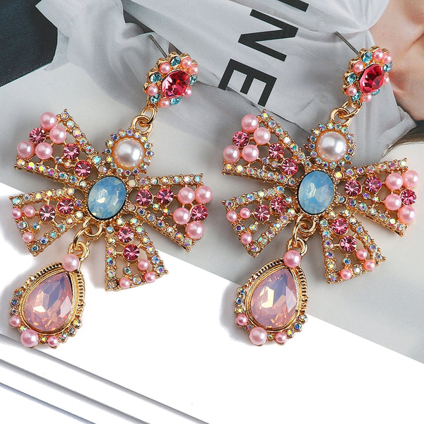 Charm Sweet Pink Bowknot Metal Inlay Imitation Pearl Colorful Crystal Dangle Earrings For Women