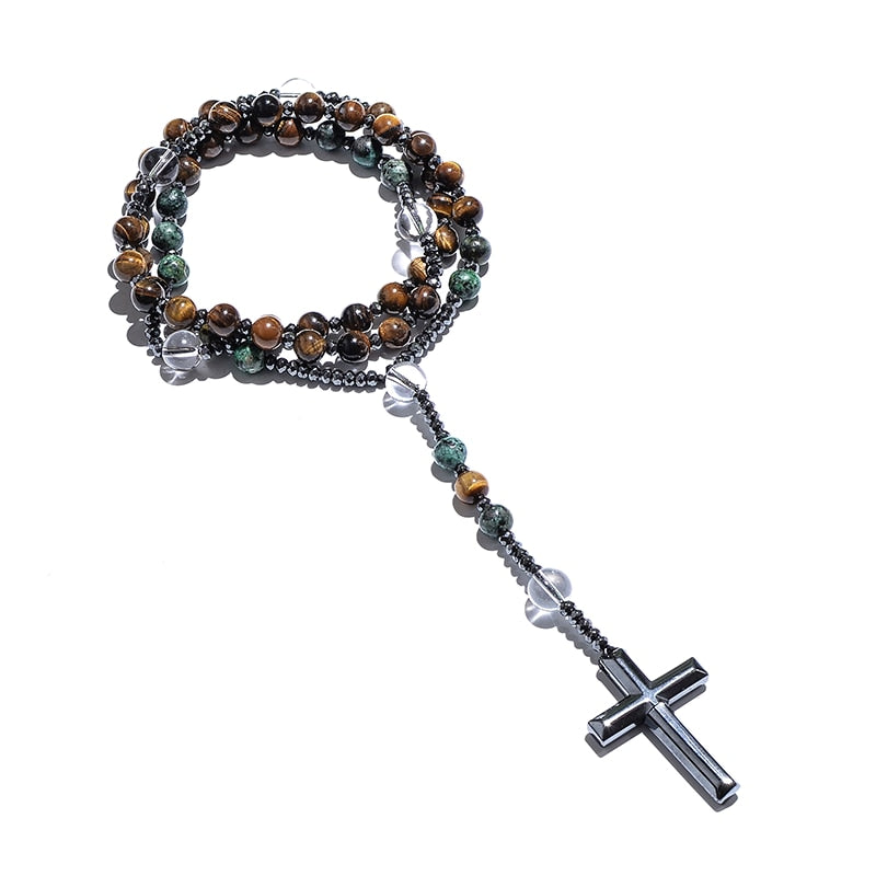 Natural Yellow Tiger Eye African Turquoise Beads Catholic Christian Cross Pendant Necklace