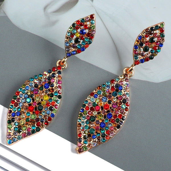 Fashion Double Rhomb Metal Inlay Colorful Crystal Dangle Earrings For Women