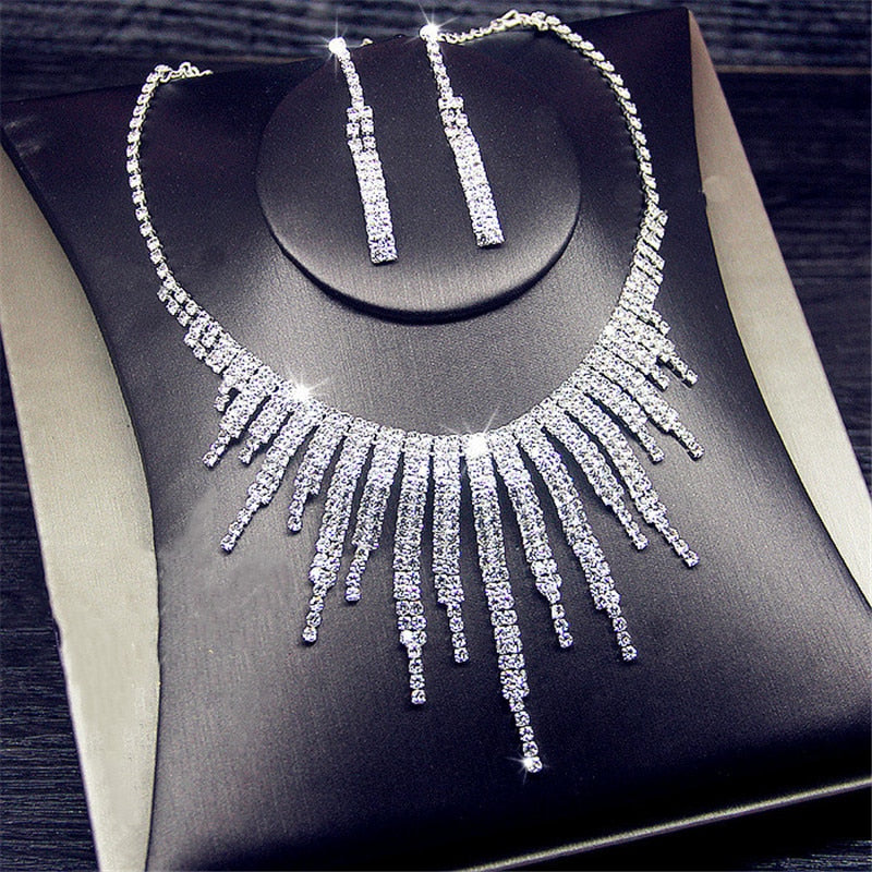 Shine Geometric Rhinestone Necklace Earrings For Women Long Tassel Jewelry Sets