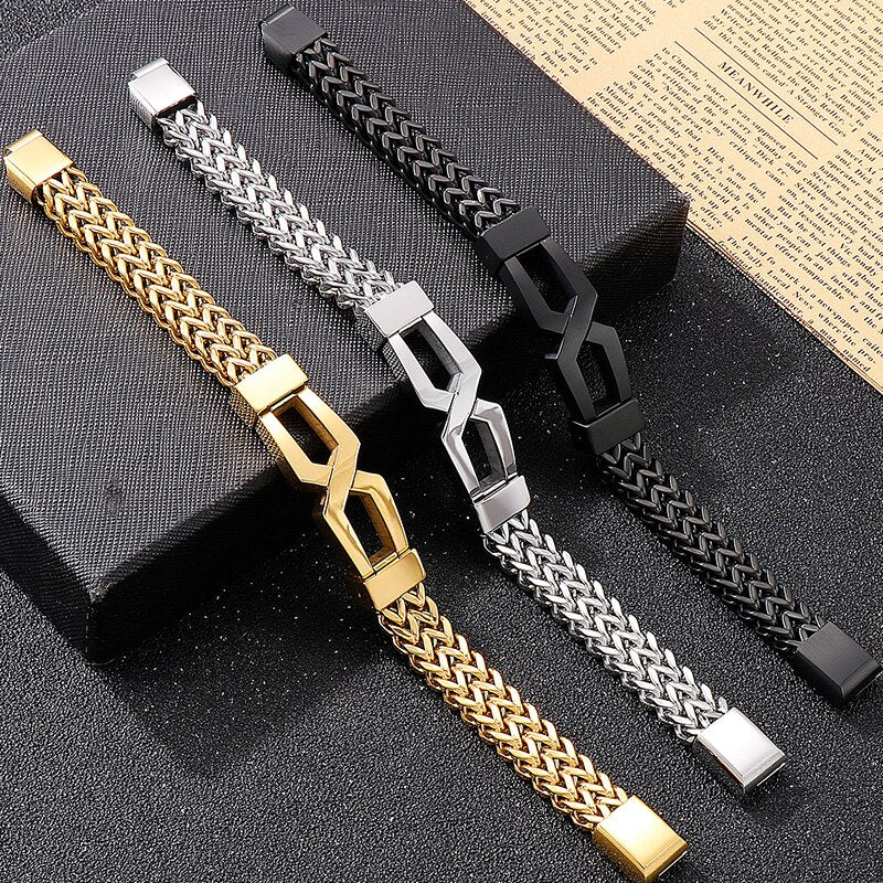 Luxury Gold Plated Men Bracelet Black Stainless Steel 12MM Link Chain