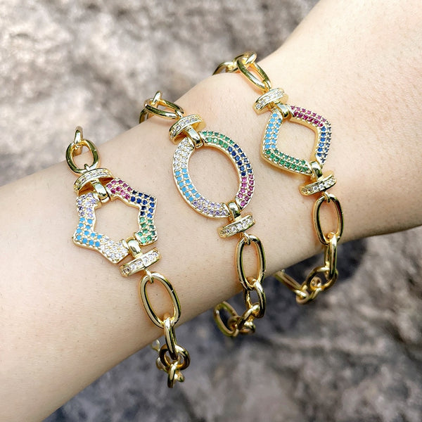 Chunky Thick Chain Star Square Bracelets For Women Rainbow CZ Rhinestone Bracelet