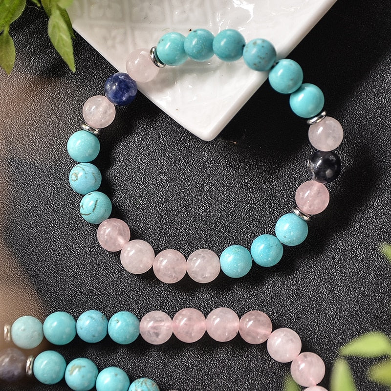 8mm Blue Turquoise Rose Quartz Blue Sodalite Beaded Mala Necklace