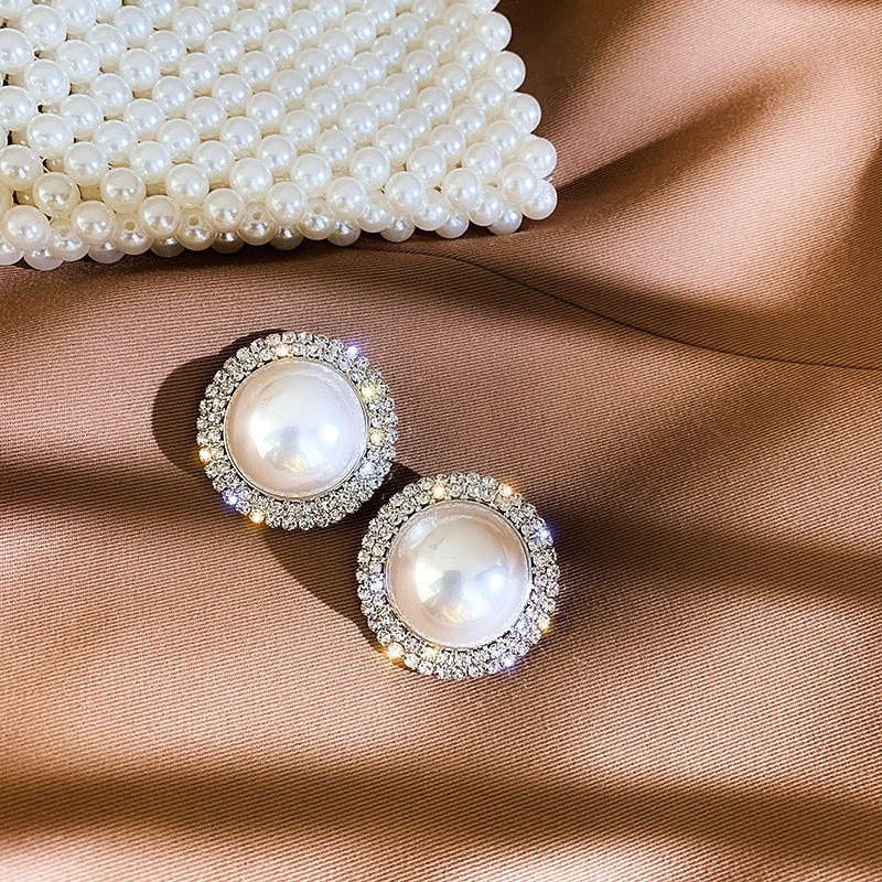 Big Simulated Pearl Stud Earrings for Women Girl Round Geometric Rhinestone Earrings