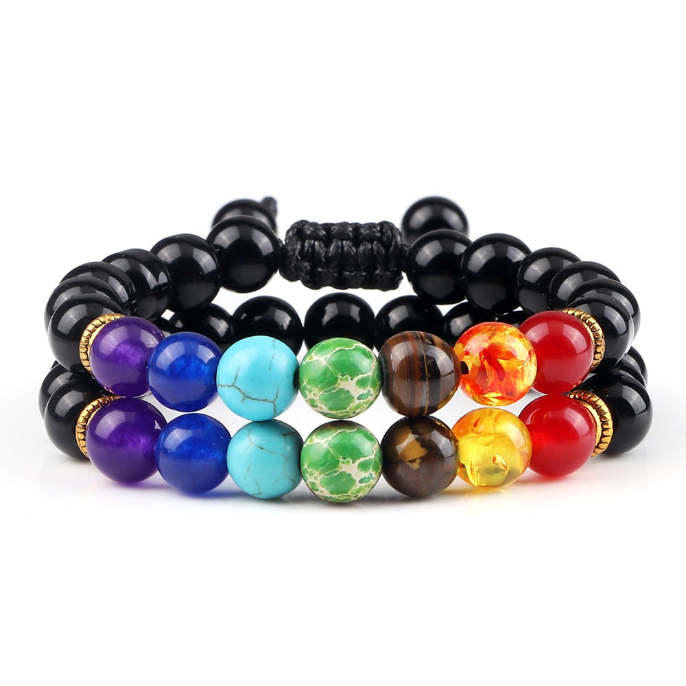 2Pcs Natural Stone 7 Chakra Healing Beaded Adjustable Braided Bracelets