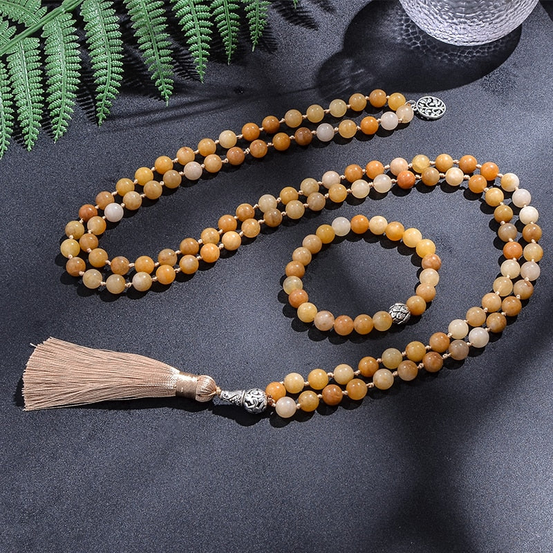 8mm Yellow Jade Knotted Japamala Necklace 108 Mala Beaded Meditation Yoga Blessing Jewelry Bracelet Set