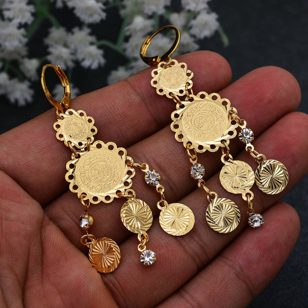 Dubai Arab Gold Color Vintage coin Earrings For Women Tassel Zircon Earrings