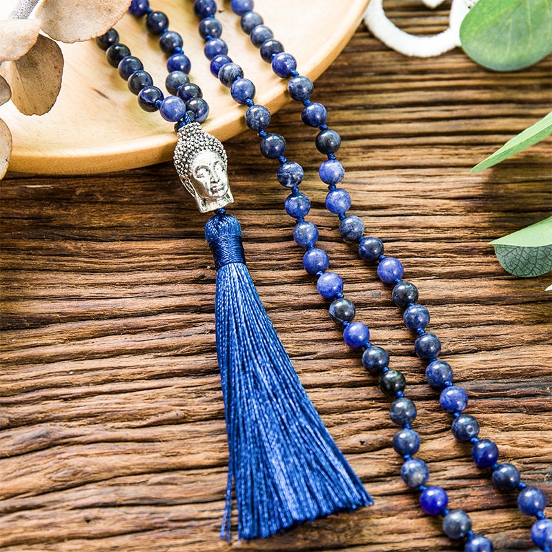 6mm Natural Blue Sodalite Stone Lapis Lazuli Beaded Knotted Necklace