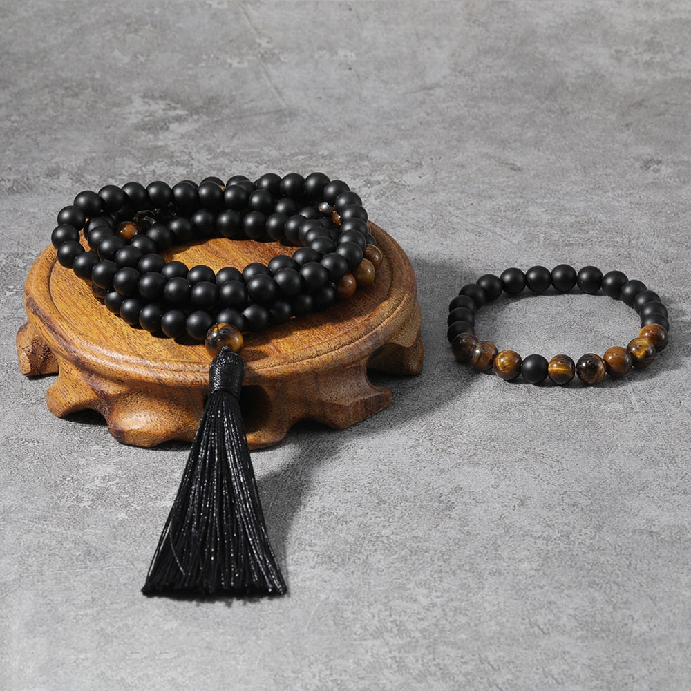 8mm Yellow Tigers Eye, Matte Black Onyx, Japamala Sets