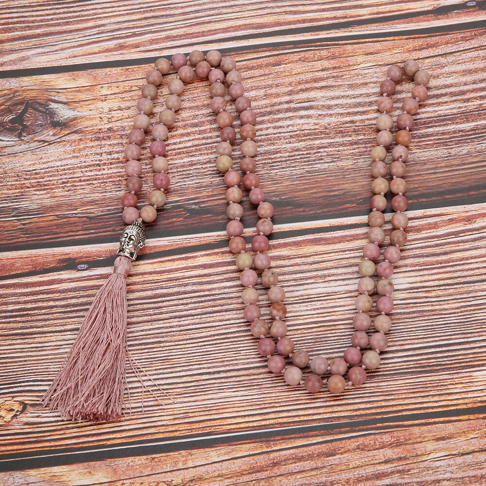 108 Mala Rhodolite Beaded Hand-Knotted Buddha Head Pendant