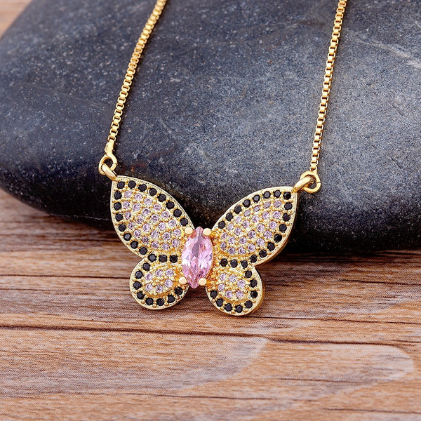 Classic Design 12 Styles Lucky Butterfly Copper Zircon Crystal Pave CZ Pendant Chain Necklace