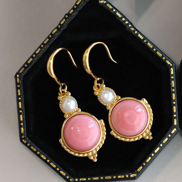 Ancient gold craftsmanship silver inlaid pink crystal round pearl long earrings