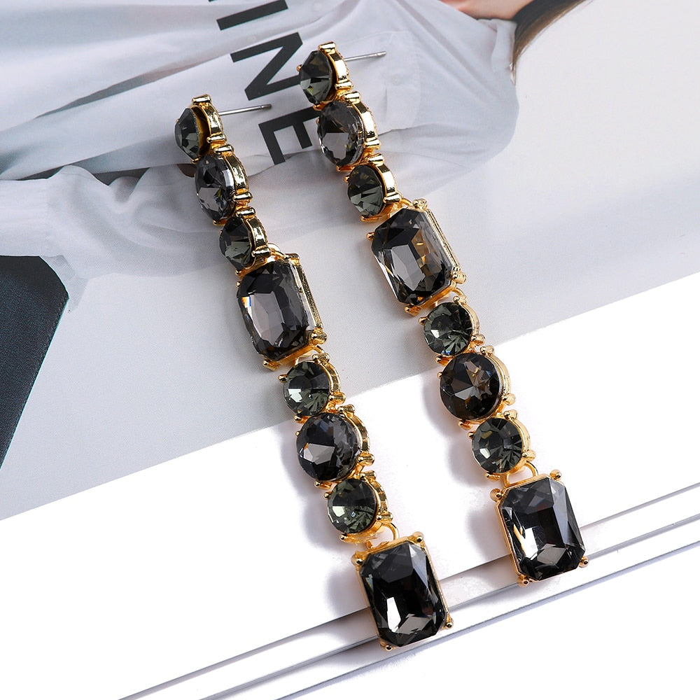 Colorful Geometric Crystal Glass Long Dangle Earrings For Women