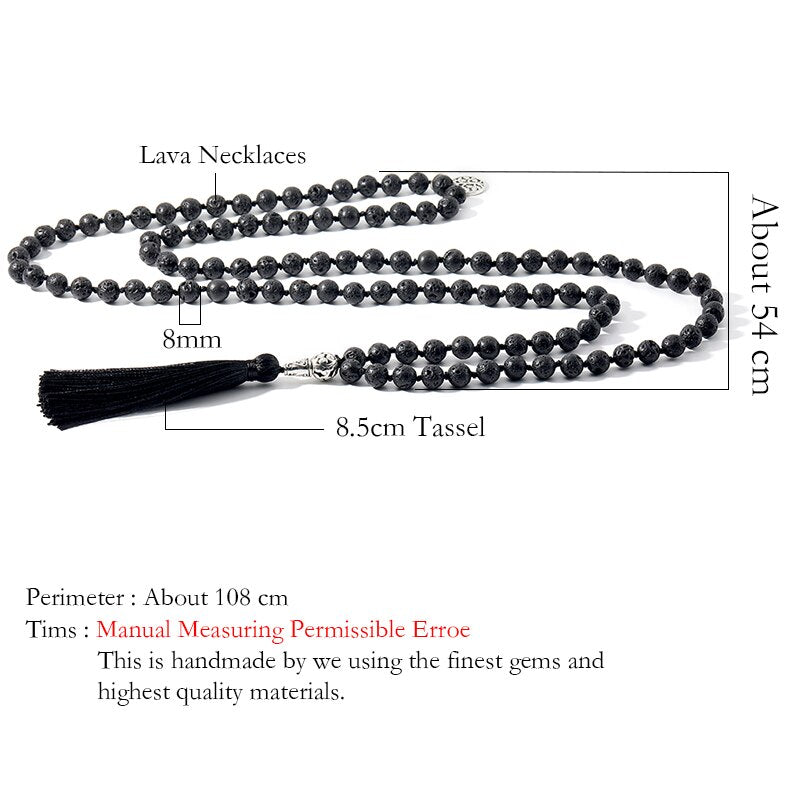 8mm Black Lava Stone Beaded Knotted 108 Mala Necklace