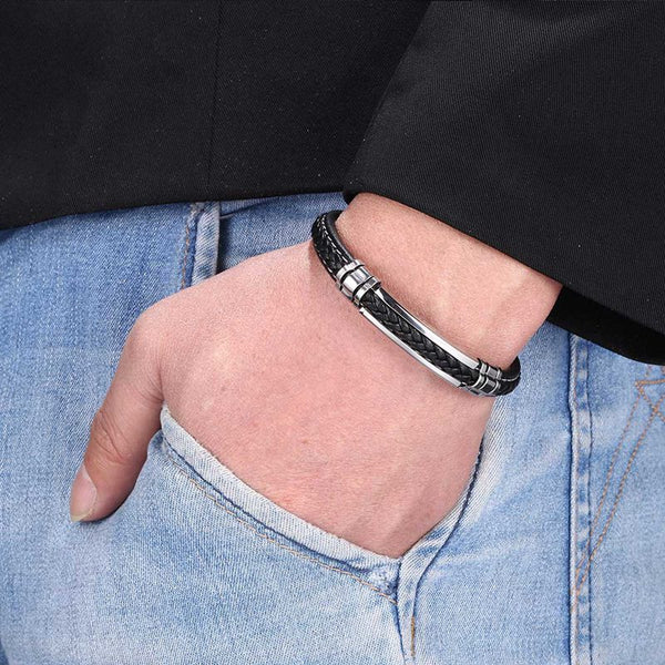 New Trendy Leather Bracelet Men Stainless Steel Handmade Bangles