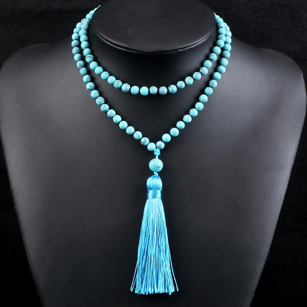 108 Beads Knotted Japamala Necklace Women Men Bohemian Blue Pine Stone Pendant Necklaces