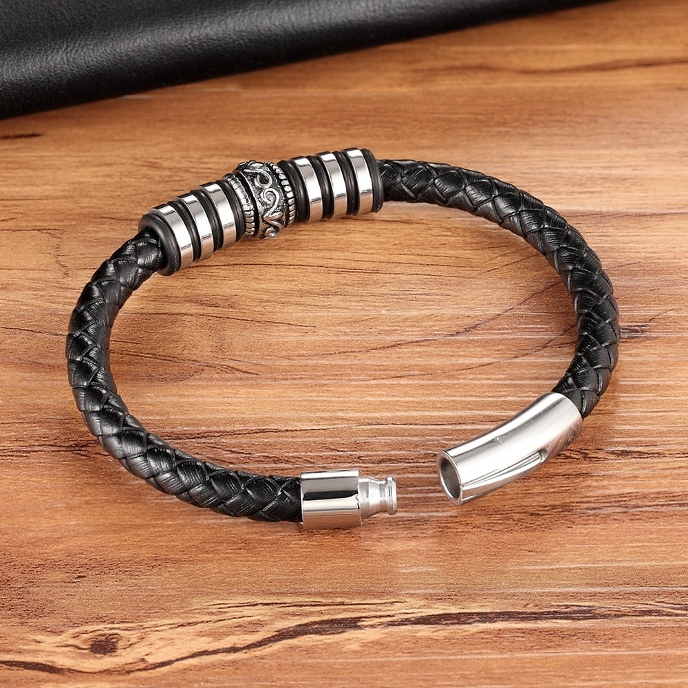 Luxury Round Accessories Combination Men Stainless Steel Leather Bracelet
