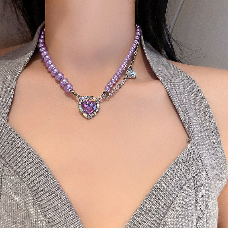 Korean Style Purple Heart Crystal Choker Necklaces for Women Pearl Necklaces