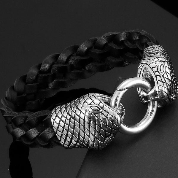 18MM Braided Leather Bracelet Hiphop Sanke Head Men Bracelets