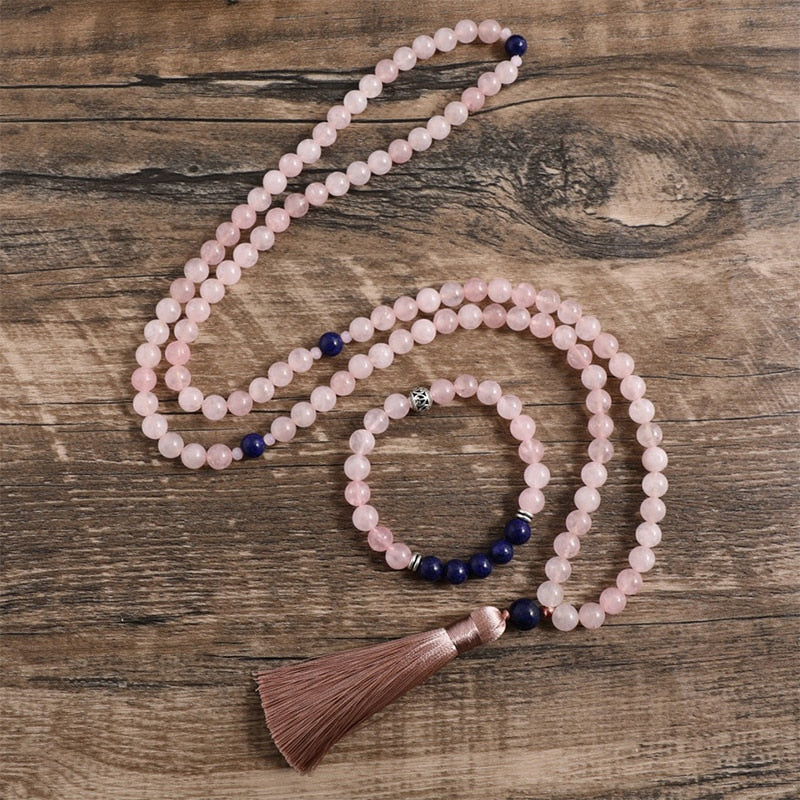 8mm Natural Rose Quartz Lapis Lazuli Necklace Sets 108 Beaded