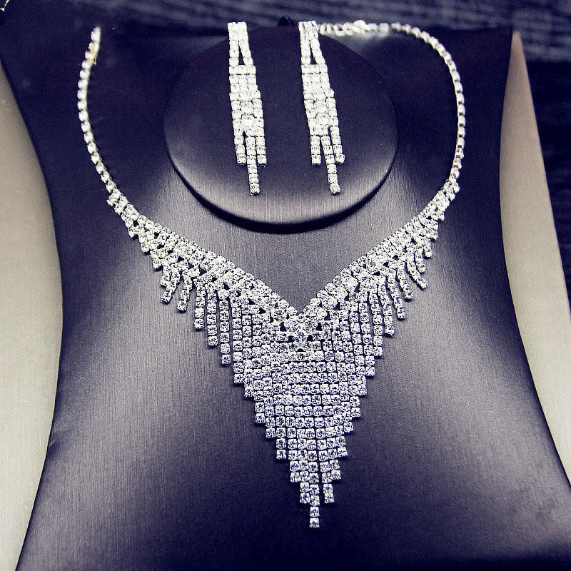 Shine Geometric Rhinestone Necklace Earrings For Women Long Tassel Jewelry Sets