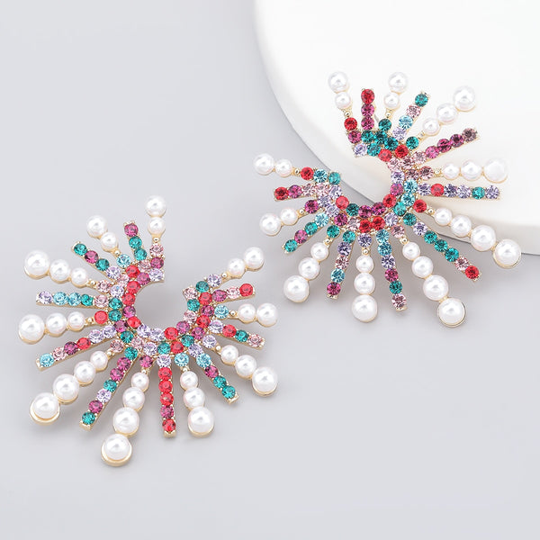 Fashion Sunflower Metal Rhinestone Imitation Pearl Earrings Women