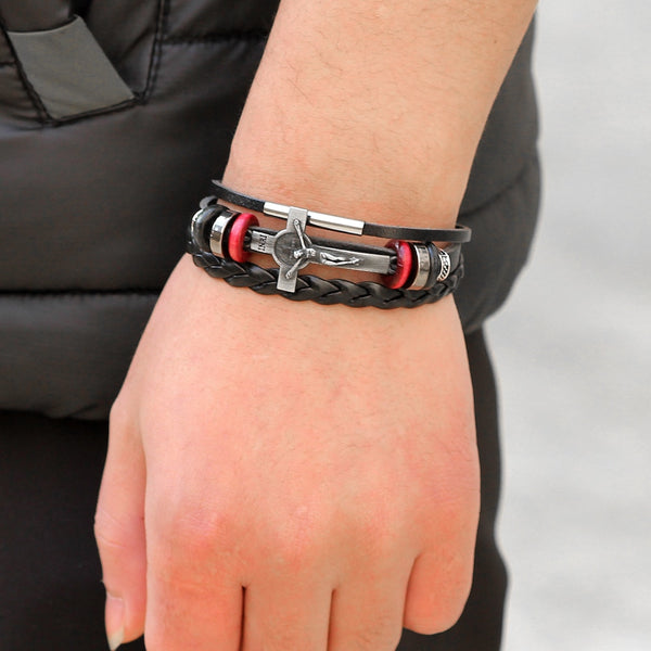 Punk multi-layer Jesus cross leather bracelet