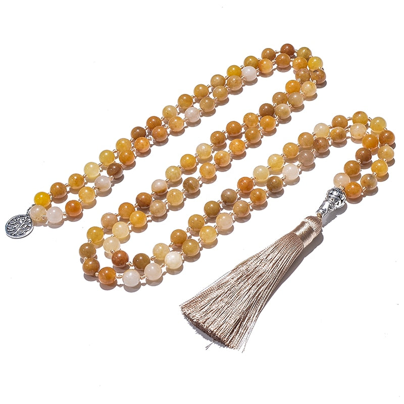 8mm Yellow Jade Knotted Japamala Necklace 108 Mala Beaded Meditation Yoga Blessing Jewelry Bracelet Set