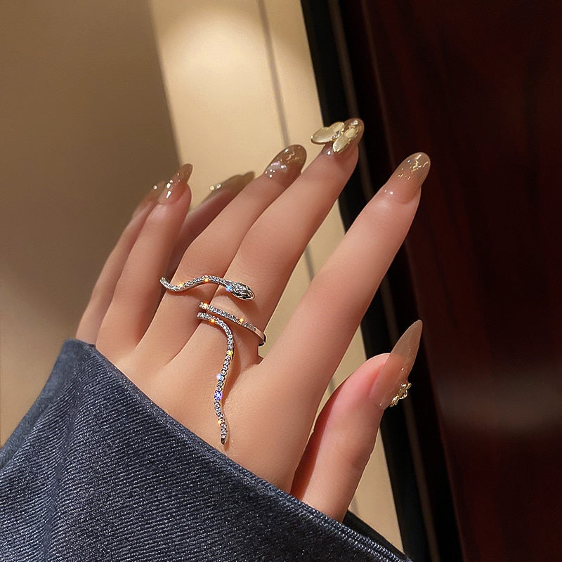 Snake Shape Rings for Women Bijoux Adjustable Crystal Rings