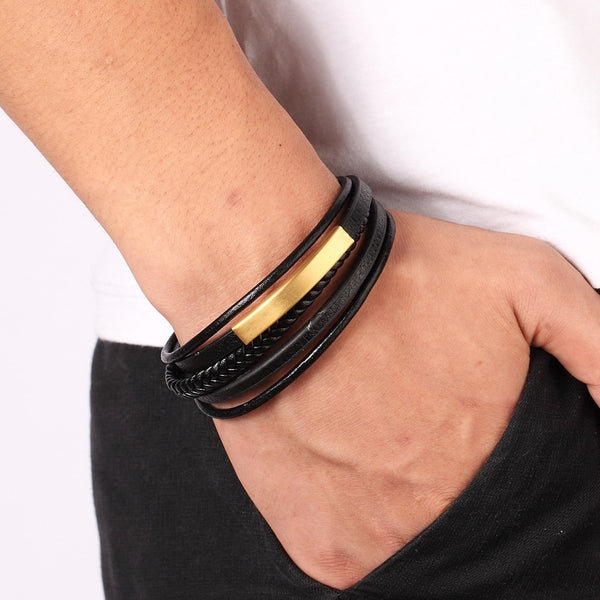 Multi-layer Hand-woven Gold Steel Black Men Leather Stainless Steel Bracelet