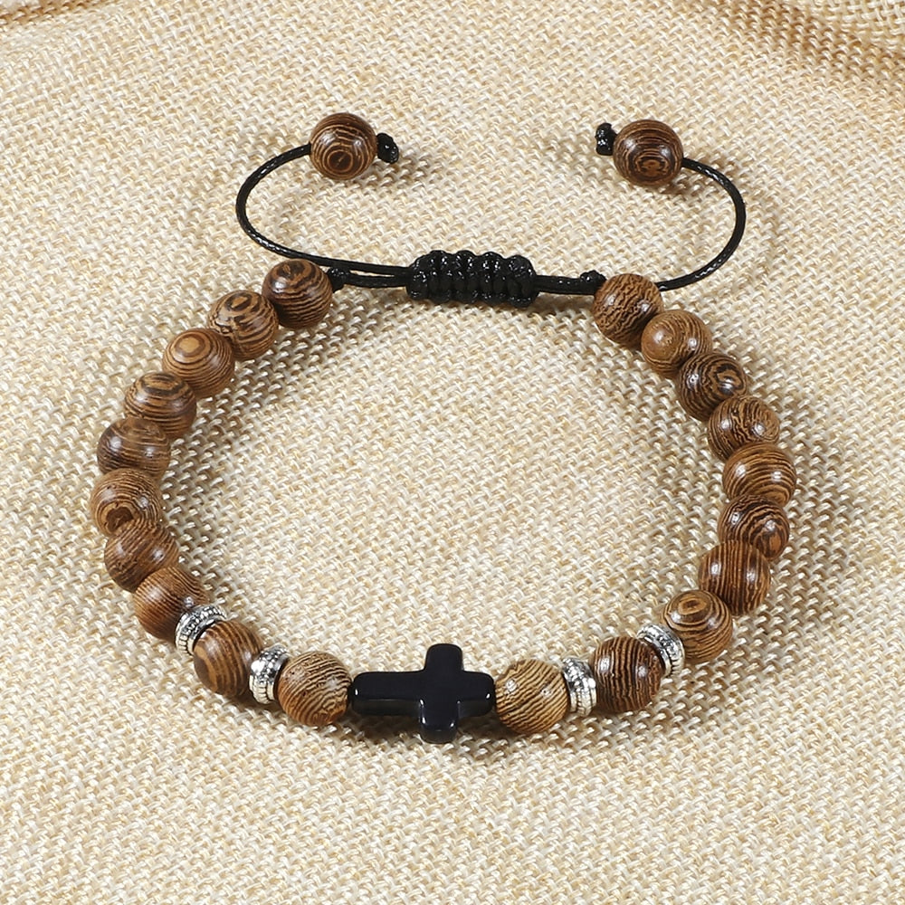 Hot Men Energy Bracelets Natural Tiger Eye Stone Black Lava Cross Beads Bracelet