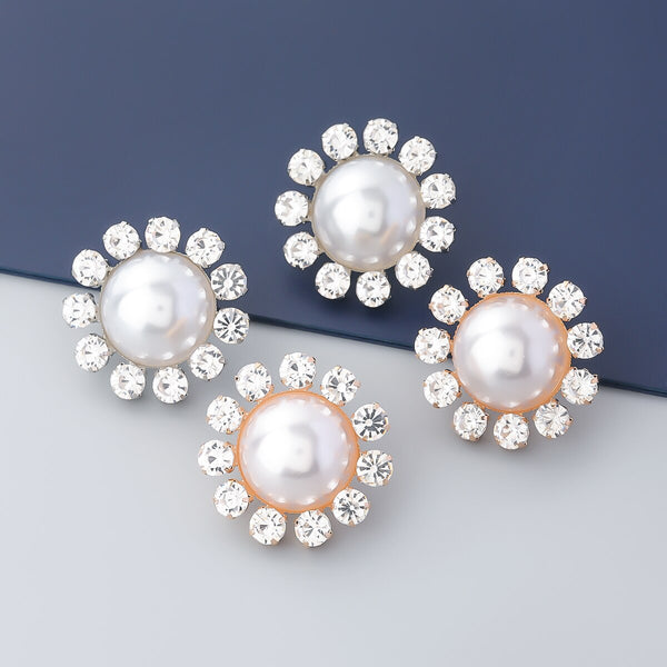 Fashion Metal Rhinestone Imitation Pearl Round Flower Earrings Women